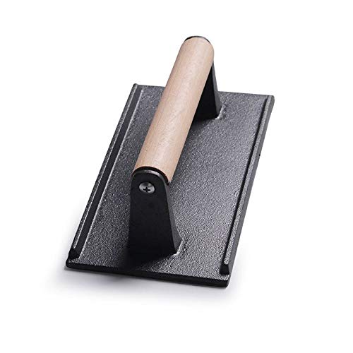 Heavy-Duty Cast Iron Bacon Press & Grill Weight - Perfect for Steak, Burgers, and Panini - Wood Handle for Comfort - Ideal for BBQ, Grilling, and Smashing Patties (Black)