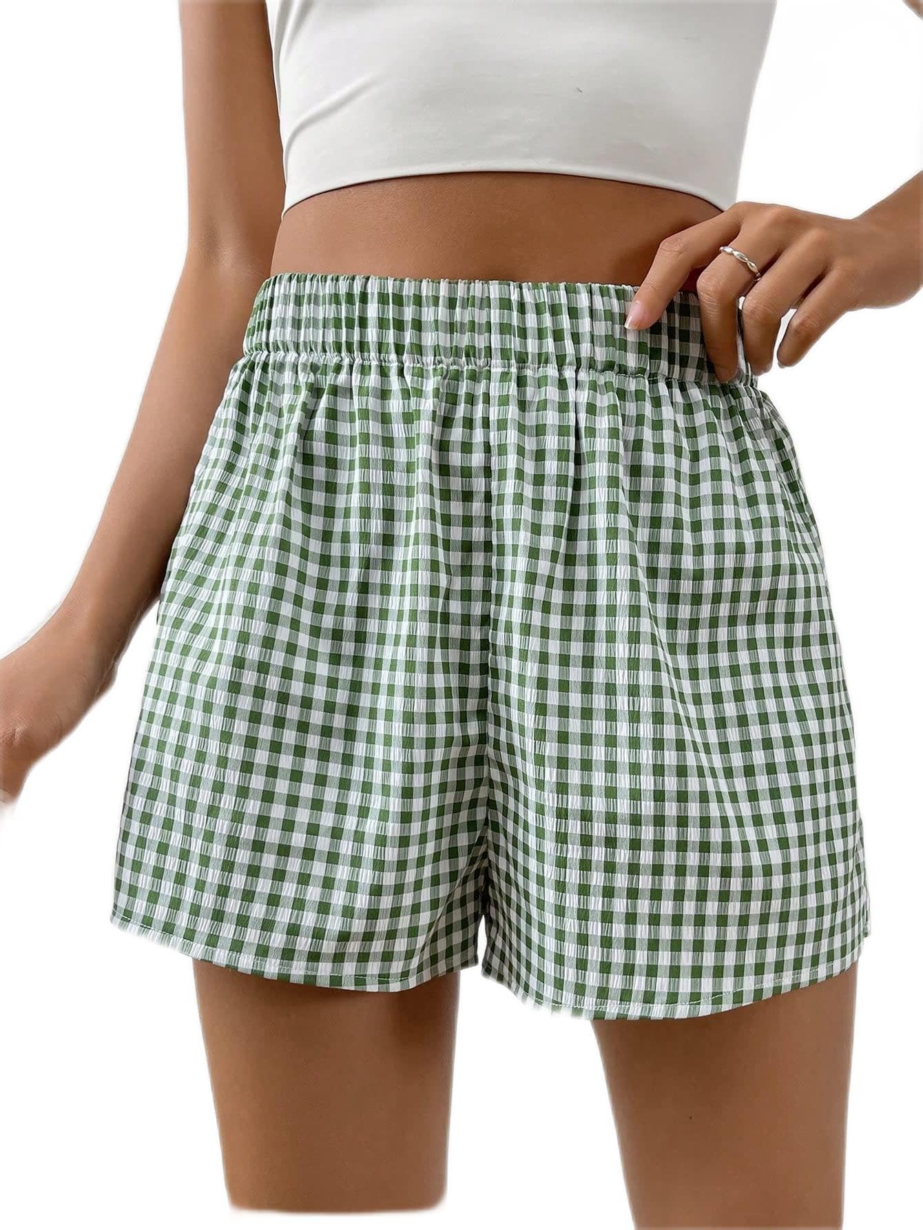 THAYLA Women's Summer Shorts - Gingham Print Elastic Waist Shorts for Casual Wear, Beach, and Outdoor Activities