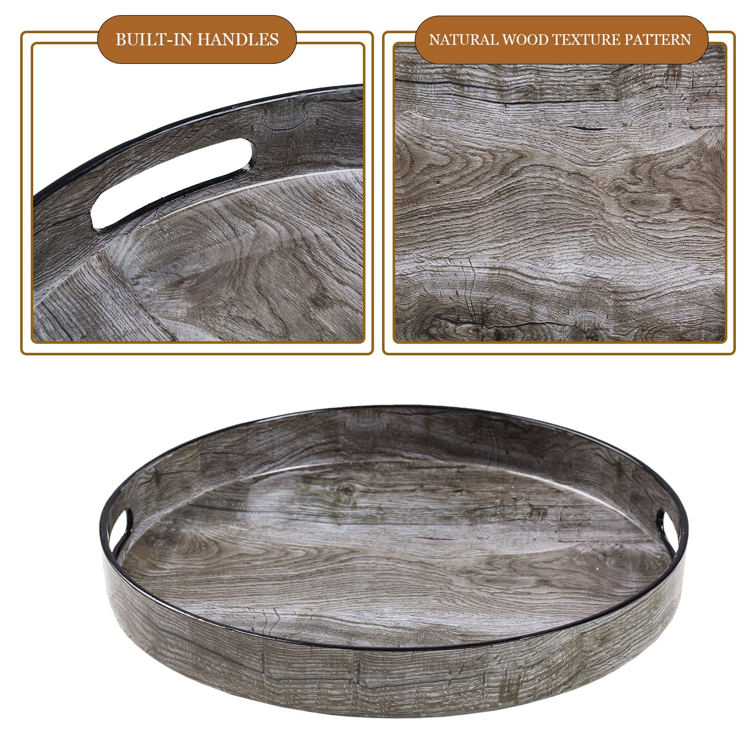 MAONAME 13 Inch Round Decorative Tray with Handles - Wood Grain Plastic Serving Tray for Coffee Table, Ottoman, Bathroom & Kitchen - Perfect for Entertaining, Organizing & Home Decor