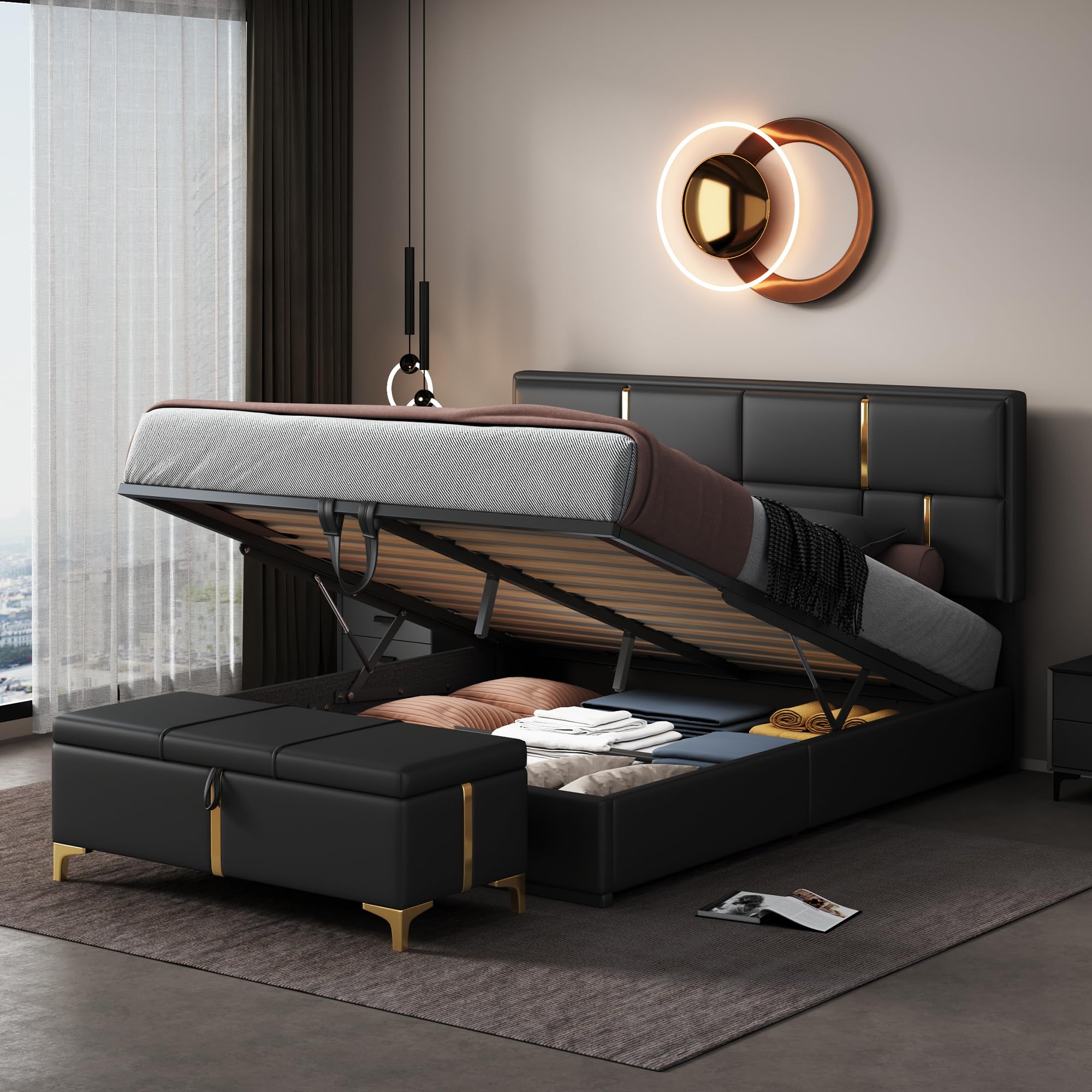 Queen Size 2-Piece Bedroom Set - PU Upholstered Platform Bed with Hydraulic Storage & Matching Ottoman - Wood Frame with Metal Legs for Kids, Teens & Adults - Perfect for Small Spaces & Guest Rooms (Black)