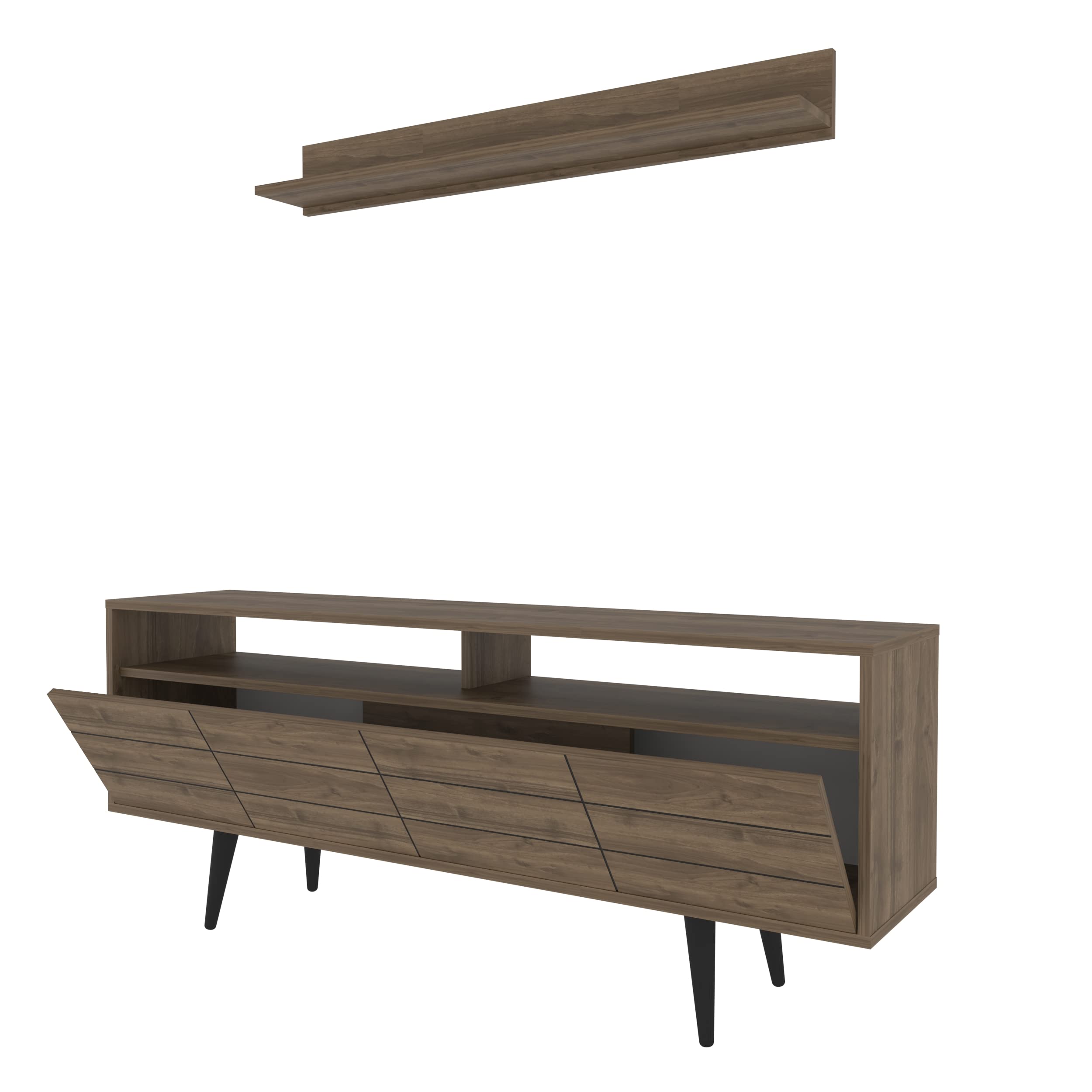 Decorotika Ola 72 Inch TV Stand with Wall Shelf - Modern Walnut Entertainment Center with 2 Storage Shelves & 2 Cabinets - Perfect for Living Room, Home Theater & Apartment Decor
