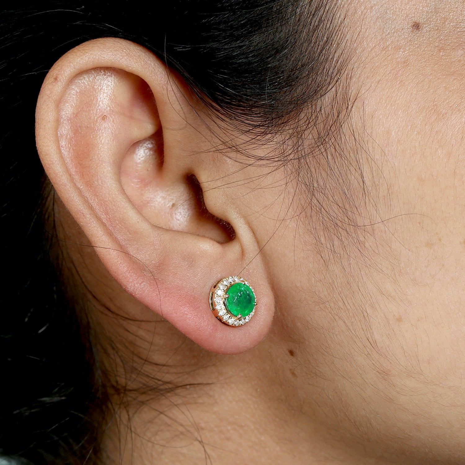 18K Yellow Gold Green Emerald Pave Diamond Halo Stud Earrings for Women - Perfect for Daily Wear, Gift Giving & Special Occasions