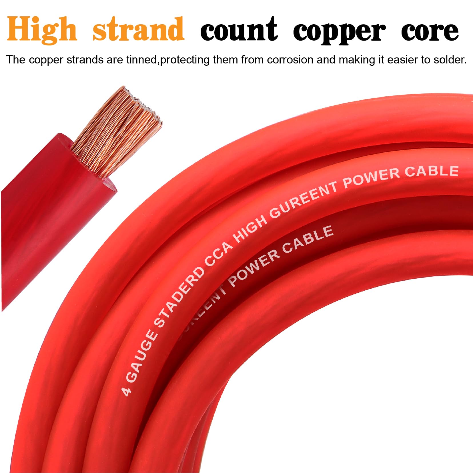 4 Gauge CCA Wire 50FT Black/Red - Copper Clad Aluminum Battery Cable with 4ga Lugs & Heat Shrink Tube - Car Audio, RV Trailer, Solar Power Wiring Kit for Amplifier, Speaker, and Ground Connections