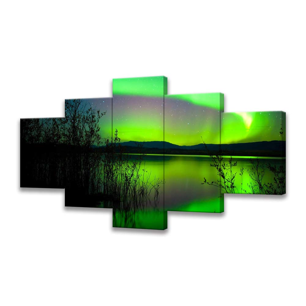 5-Piece Northern Lights Aurora Borealis Canvas Wall Art - Stunning Night Sky Over Lake Landscape Painting, Framed & Ready to Hang (50Wx24H) - Perfect for Living Room & Bedroom Decor | Nature-Inspired Home Décor for Relaxing Spaces