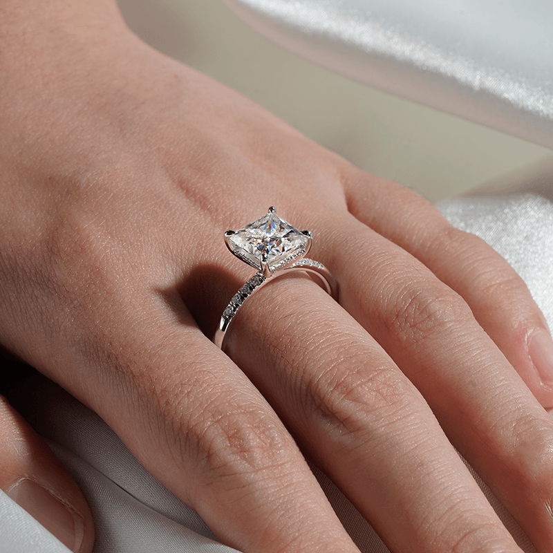 Princess Cut Hidden Halo Moissanite Engagement Ring Set with Matching Wedding Band - Perfect for Proposals, Anniversaries & Bridal Jewelry