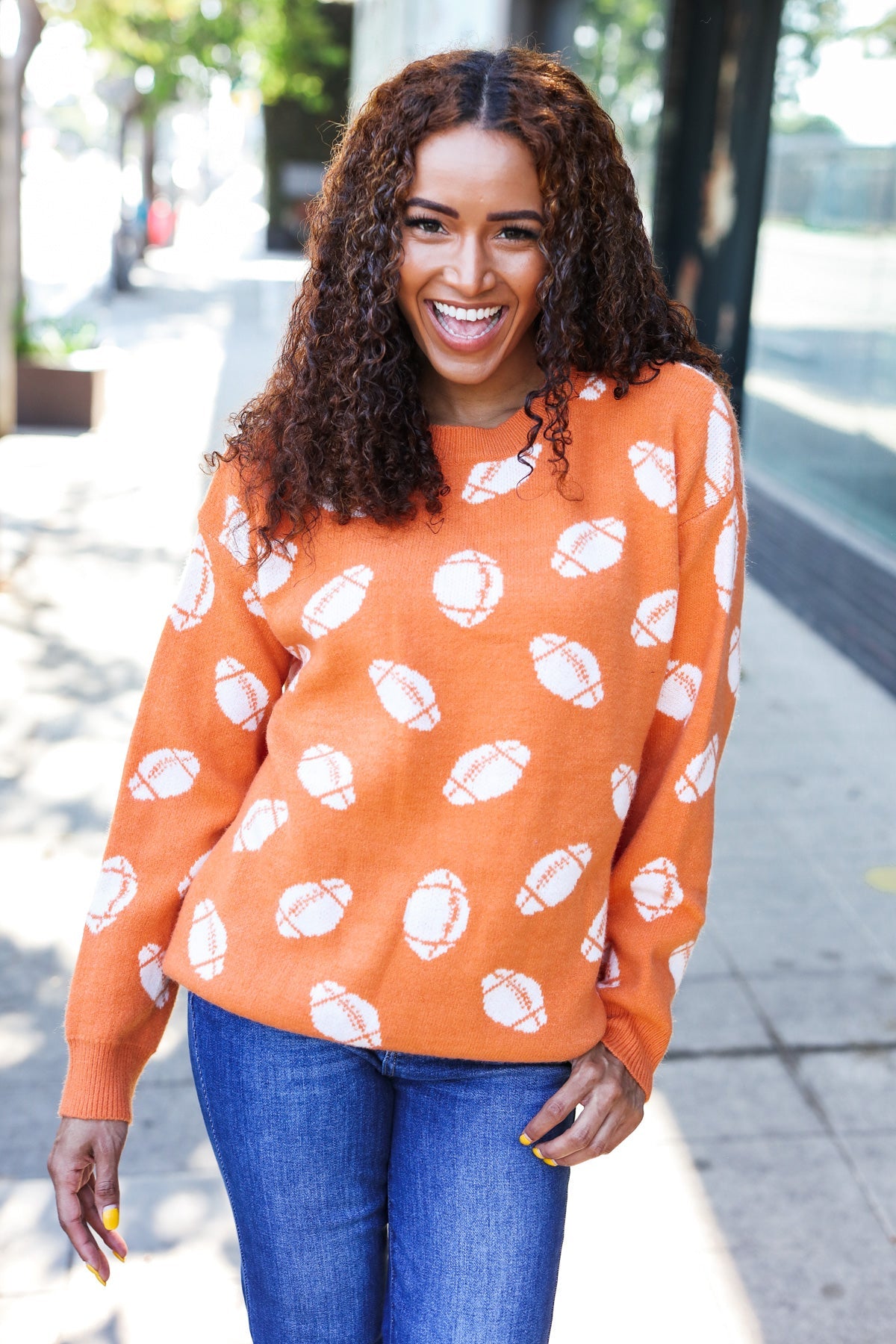 Game Day Orange Football Print Jacquard Knit Sweater - Stylish Sports Fan Apparel for Football Games, Tailgating & Casual Wear