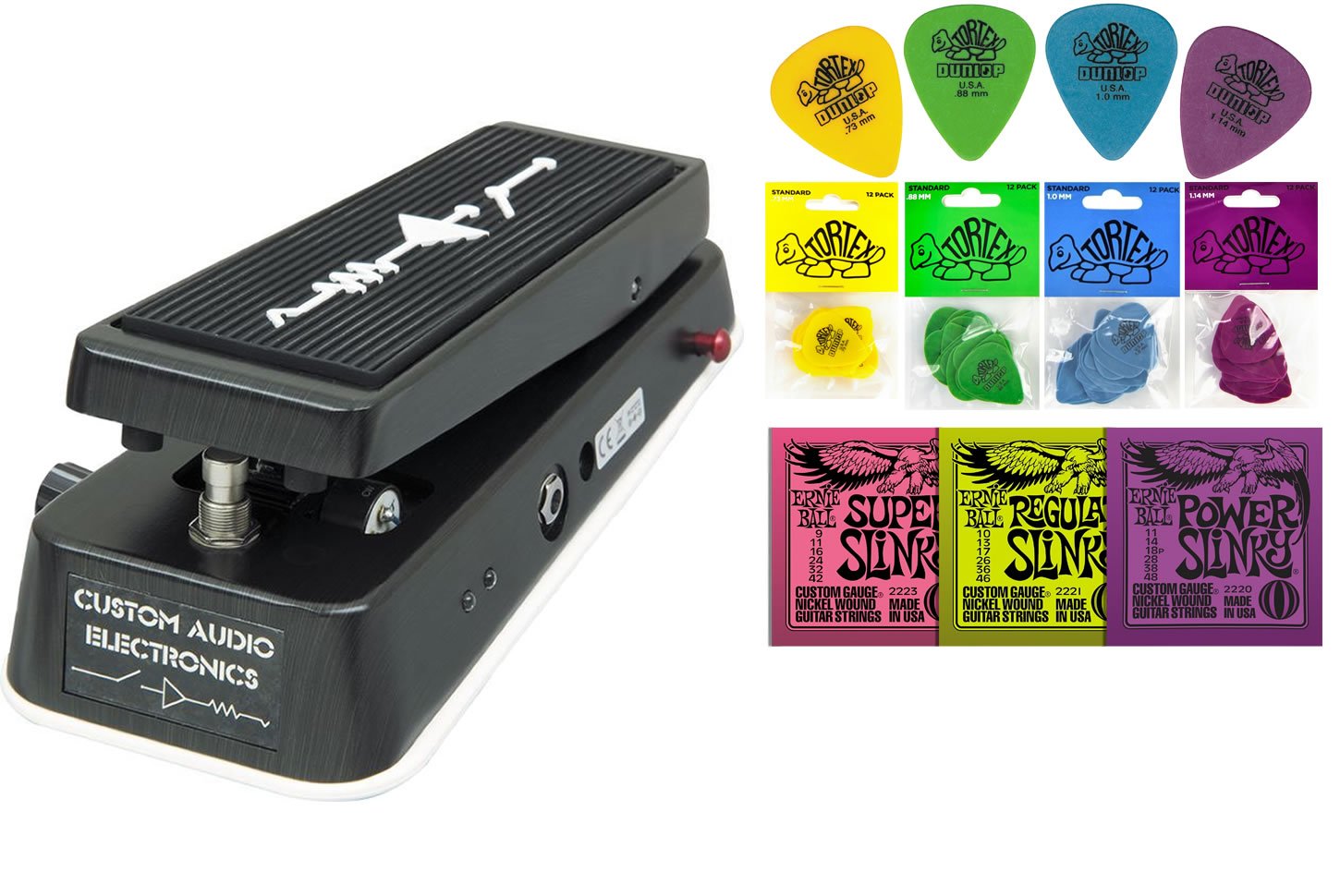 MXR MC404 Custom Audio Electronics Wah Pedal Bundle with 2 Free Items - Ernie Ball Guitar Strings & 12 Dunlop Tortex Picks - Perfect for Guitarists & Musicians in Studio & Live Performances