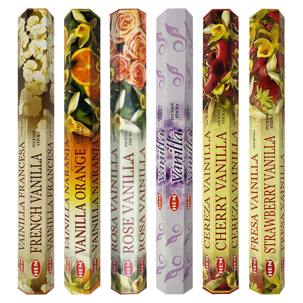 Premium Hem Incense Sticks Variety Pack #18 - 6 Vanilla Fragrance Sticks with Free Incense Holder | Aromatherapy, Meditation, Yoga & Home Relaxation
