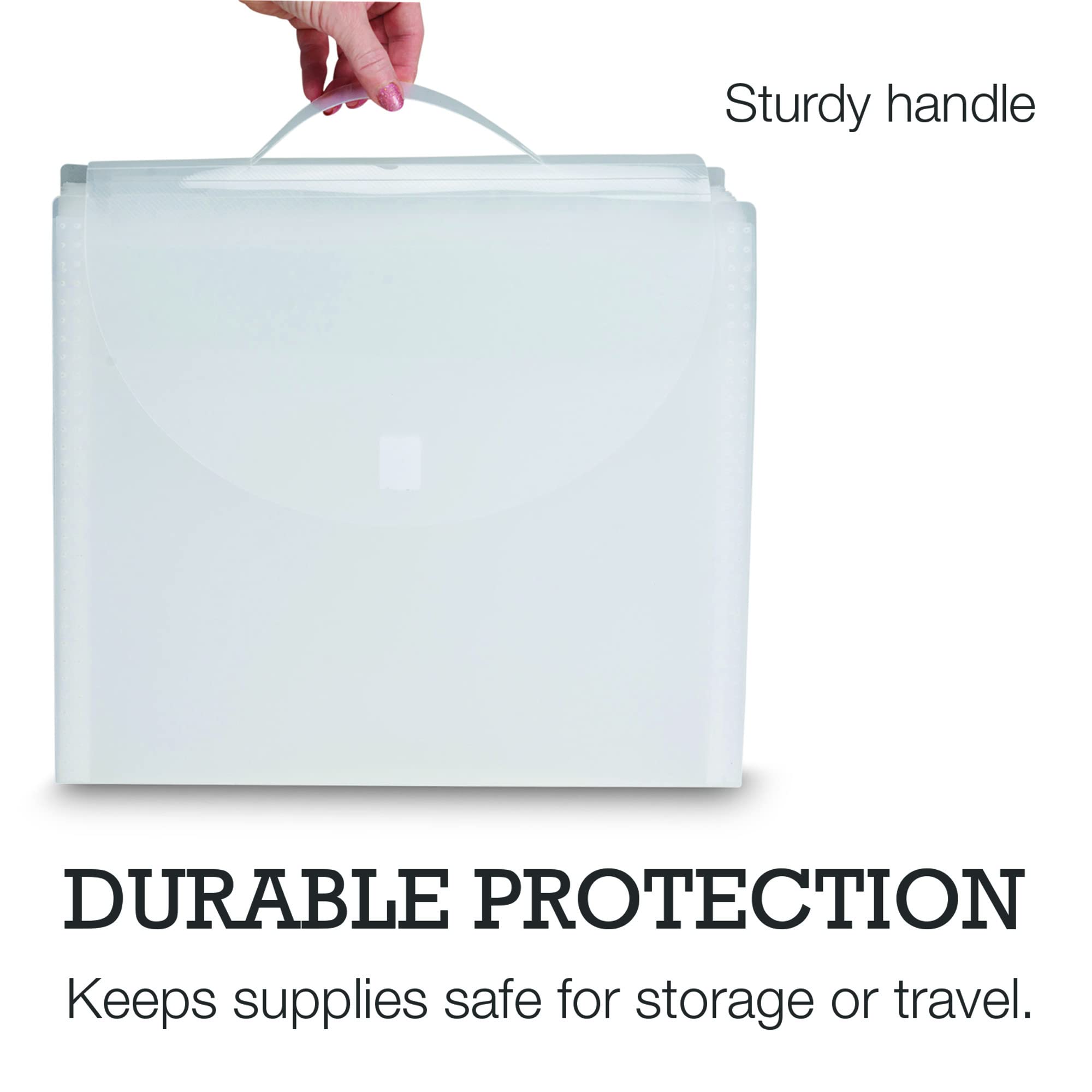 Samsill 12-Pocket Expandable Paper Storage Organizer for 12x12 Inch Scrapbook & Vinyl Paper - Clear File Box with Secure Flap Closure & Retractable Handle | Perfect for Crafting, Scrapbooking & Office Organization