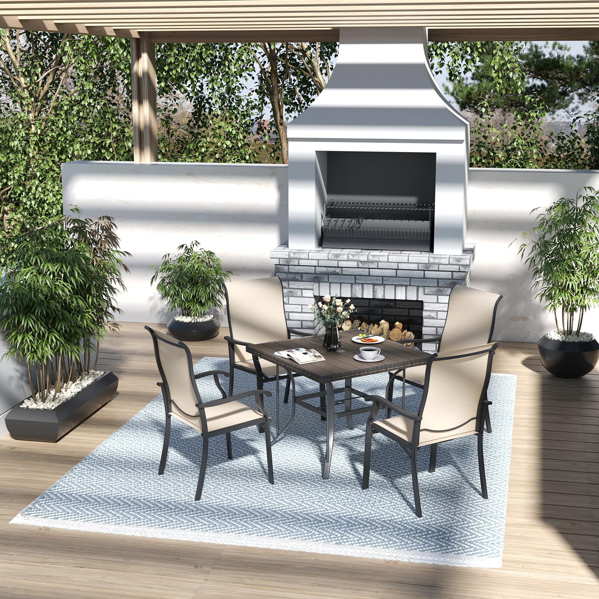 Pamapic 5-Piece Patio Dining Set - Outdoor Table and 4 Textilene Chairs for Garden, Backyard, Poolside & Deck - Durable Plastic-Wood Square Table Top in Beige - Perfect for Outdoor Entertaining, Family Gatherings & Relaxing by the Pool