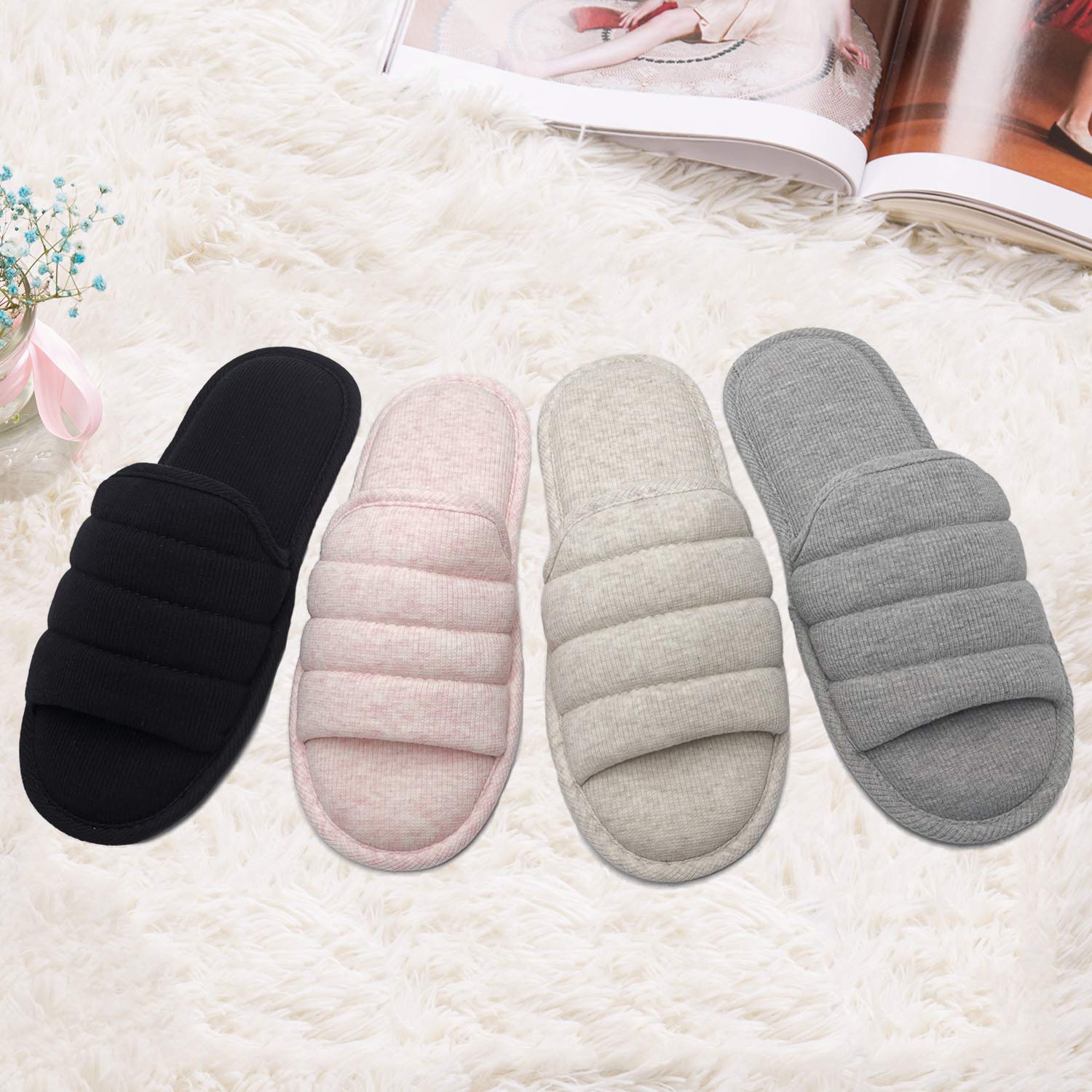 **Oofoot Women's Memory Foam Cotton Summer Slippers - Non-Slip Rubber Sole Indoor Slides, Open Toe Washable House Shoes for Bedroom, Lounge & Spa Comfort**