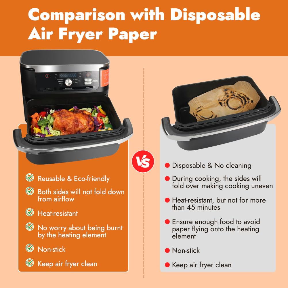 GINOYA Large Air Fryer Liners for Ninja AF500UK & Duronic AF34 - Reusable Silicone Accessories for 10.4L & 10L Air Fryers (2PCS) - Perfect for Healthy Cooking, Roasting, Baking & Frying at Home