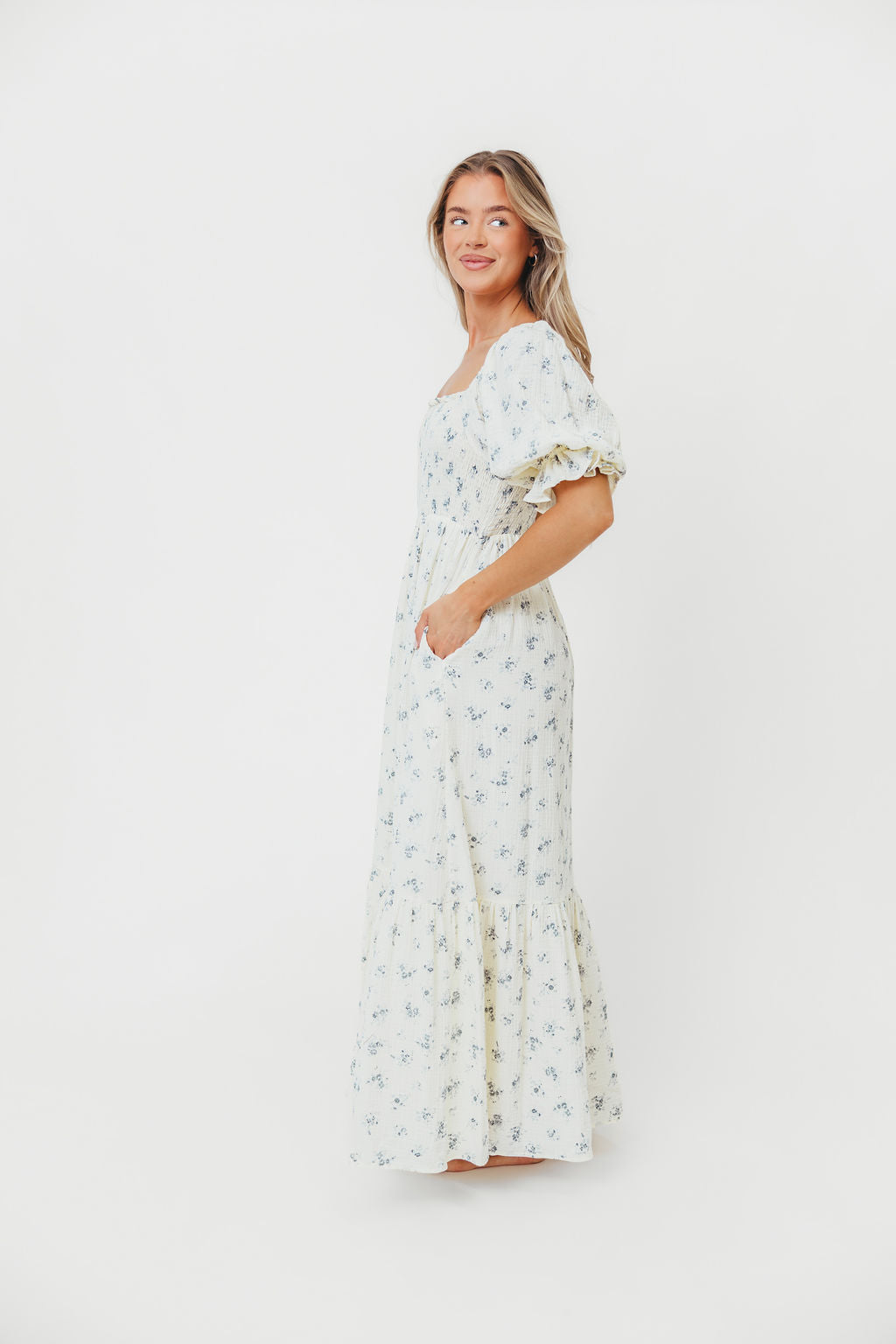 Livvy 100% Cotton Maxi Dress - Dusty Blue Floral Print, Women's Summer Boho Dress for Beach, Vacation & Casual Wear