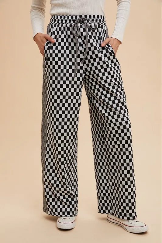 Annie Wear Women's Drawstring Checkered Wide Leg Pants - Casual Lounge Pants for Home, Office & Travel