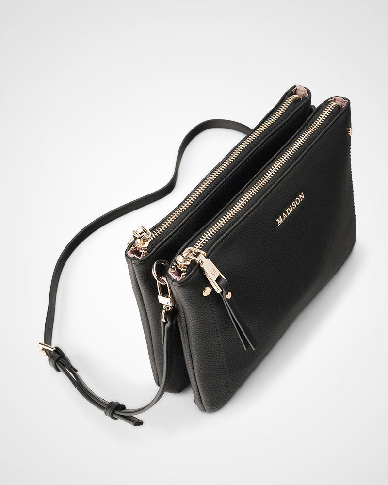 Charlotte Double Zip Crossbody Bag with Adjustable Utility Strap - Stylish Hands-Free Purse for Women, Perfect for Travel, Shopping & Everyday Use