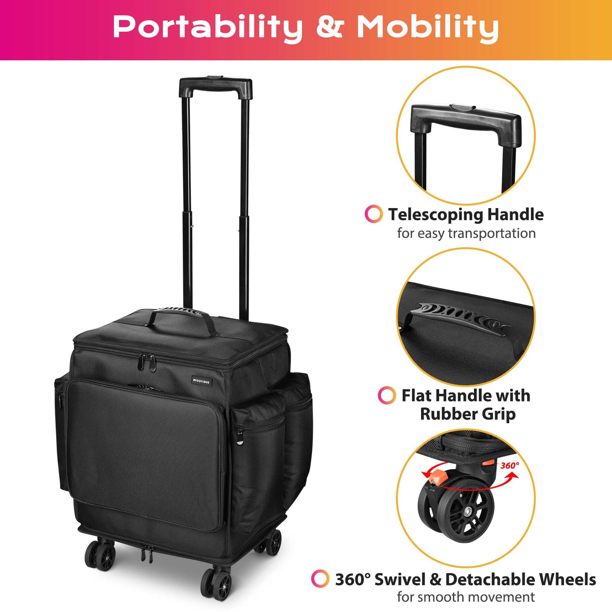 BYOOTIQUE 2-in-1 Rolling Makeup Train Case & Hair Stylist Travel Backpack - Professional Salon Organizer for Curling Irons, Straighteners & Barber Tools - Perfect for Salon Professionals & Mobile Stylists (Black)