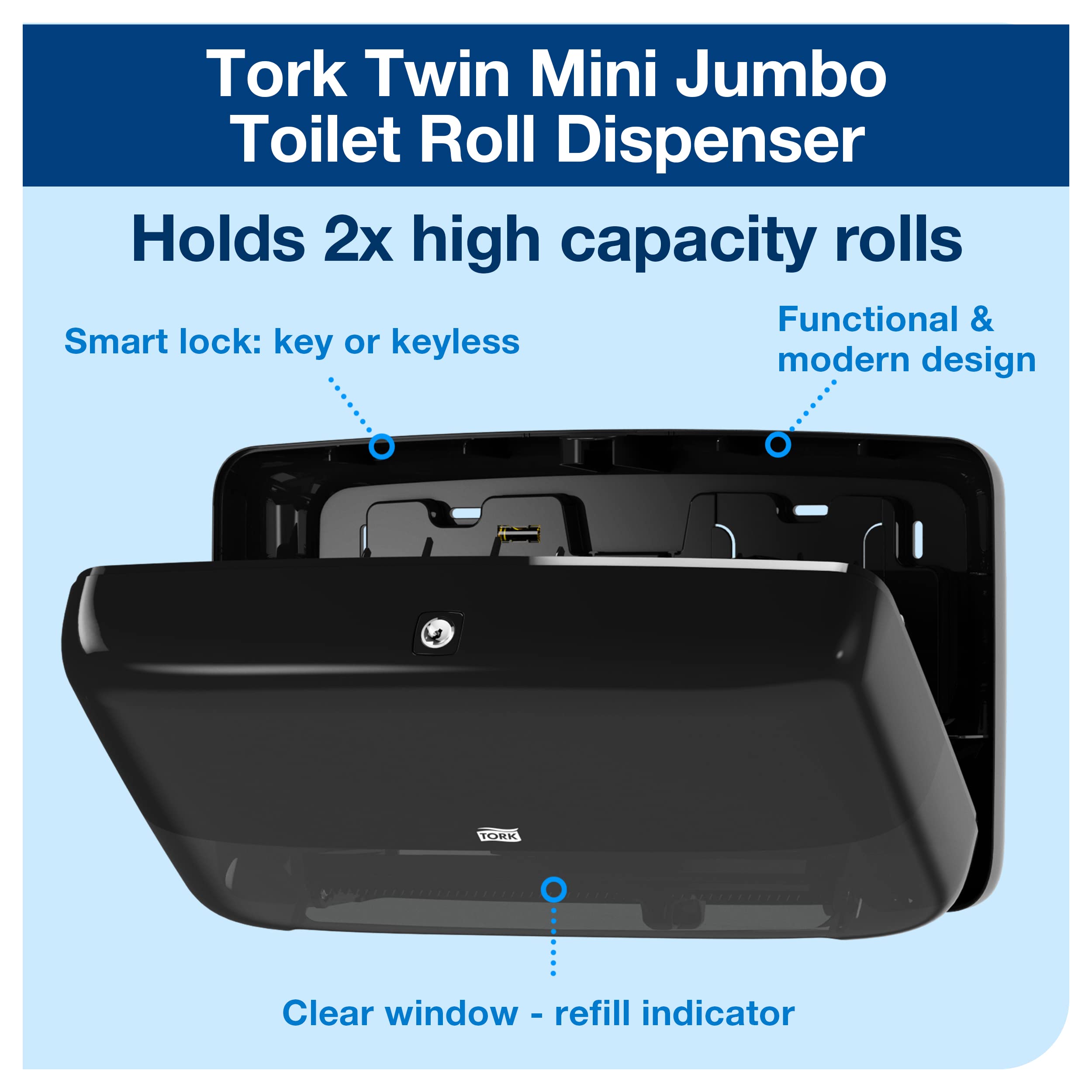 Tork Twin Mini Jumbo Toilet Paper Dispenser with Refill - Black T2 & White Advanced Mini Jumbo Bath Tissue Roll (12 x 751 Sheets) - Ideal for Home, Office & Commercial Restrooms