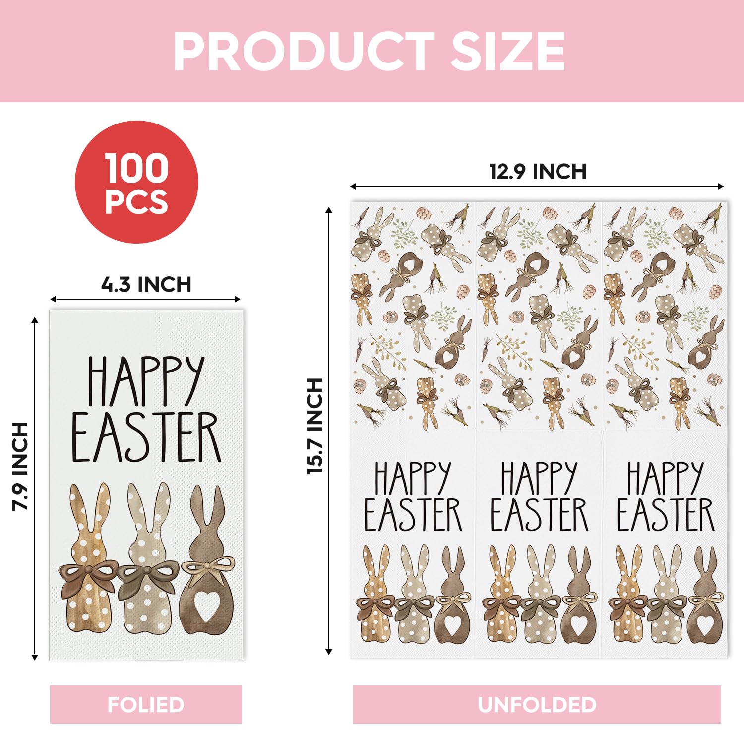 Horaldaily 100-Pack Easter Bunny Disposable Paper Napkins - Decorative Party Guest Hand Towels for Easter Lunch, Dinner, Kitchen & Bathroom | Perfect for Easter Celebrations, Holiday Gatherings & Spring Decor