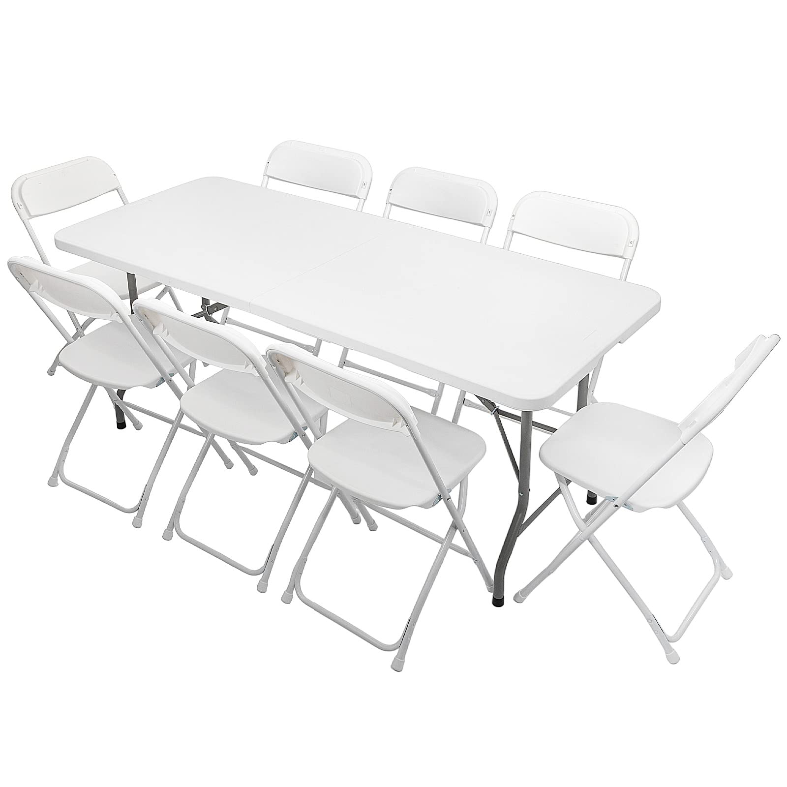 VINGLI 6 FT Plastic Folding Table with 8 White Folding Chairs Set - Portable Lightweight for Picnic, Party, Camping, Outdoor Events, Home & Office Use - Perfect for Backyard BBQ, Wedding, Banquet & Conference