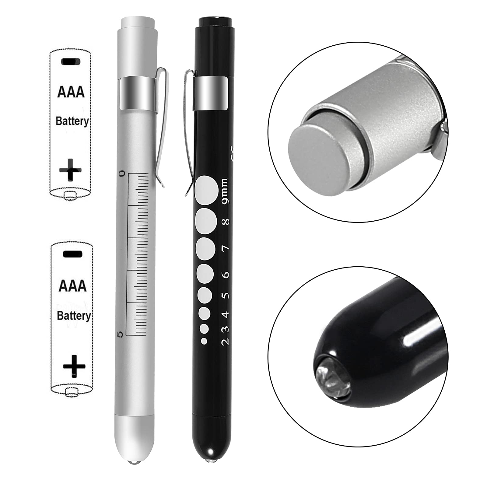 2 Pack LED Pen Light for Nurses & Medical Professionals - Reusable White Light with Pupil Gauge & Ruler (Black & Silver) - Perfect for Eye Exams, Emergency Kits & Clinical Use