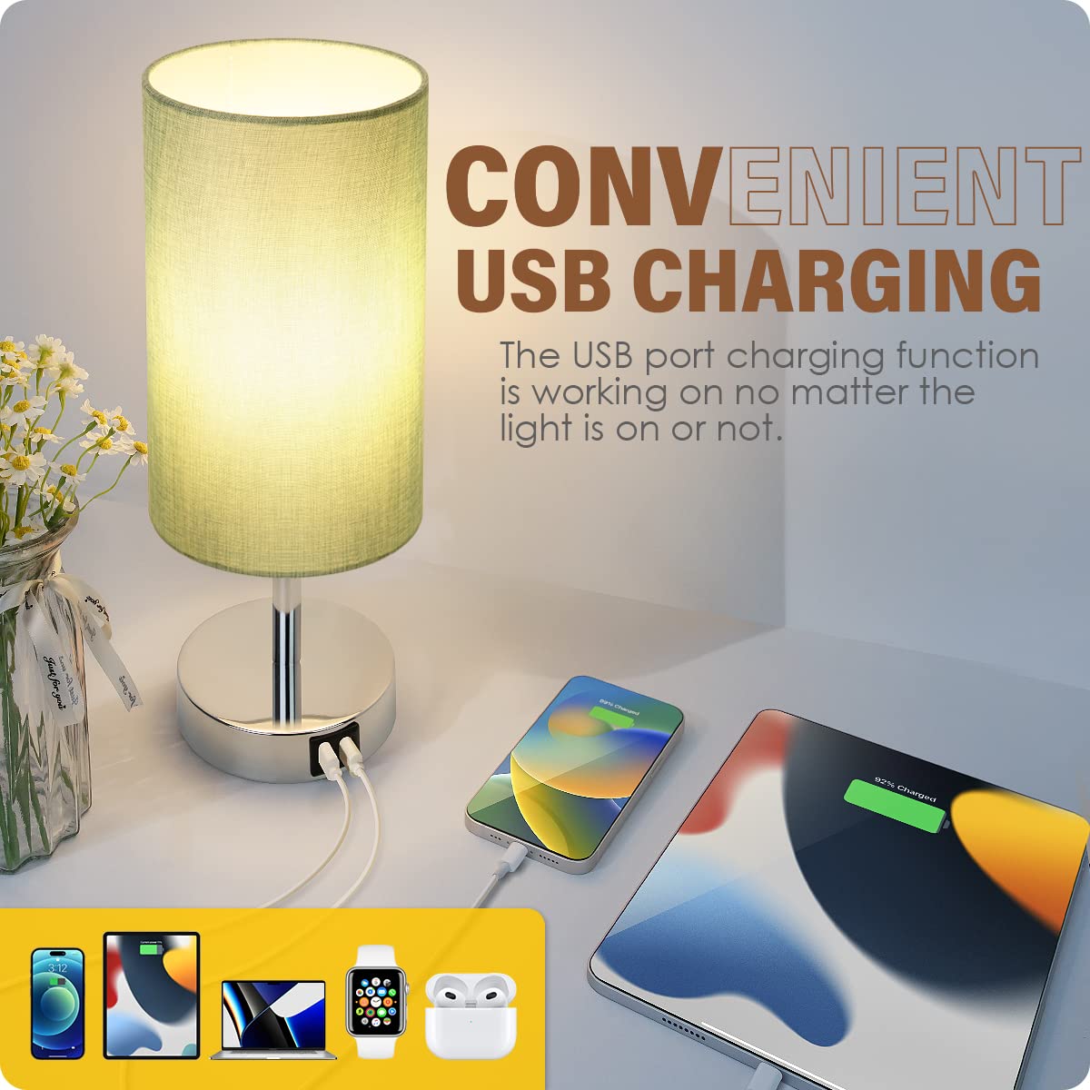 Yarra-Decor Modern Bedside Lamp with USB Charging Port - 3-Way Dimmable Touch Control Nightstand Lamp with Round Denim Fabric Shade, LED Bulb Included for Bedroom, Living Room, Dorm & Home Office - Perfect for Reading, Working & Creating Cozy Ambiance