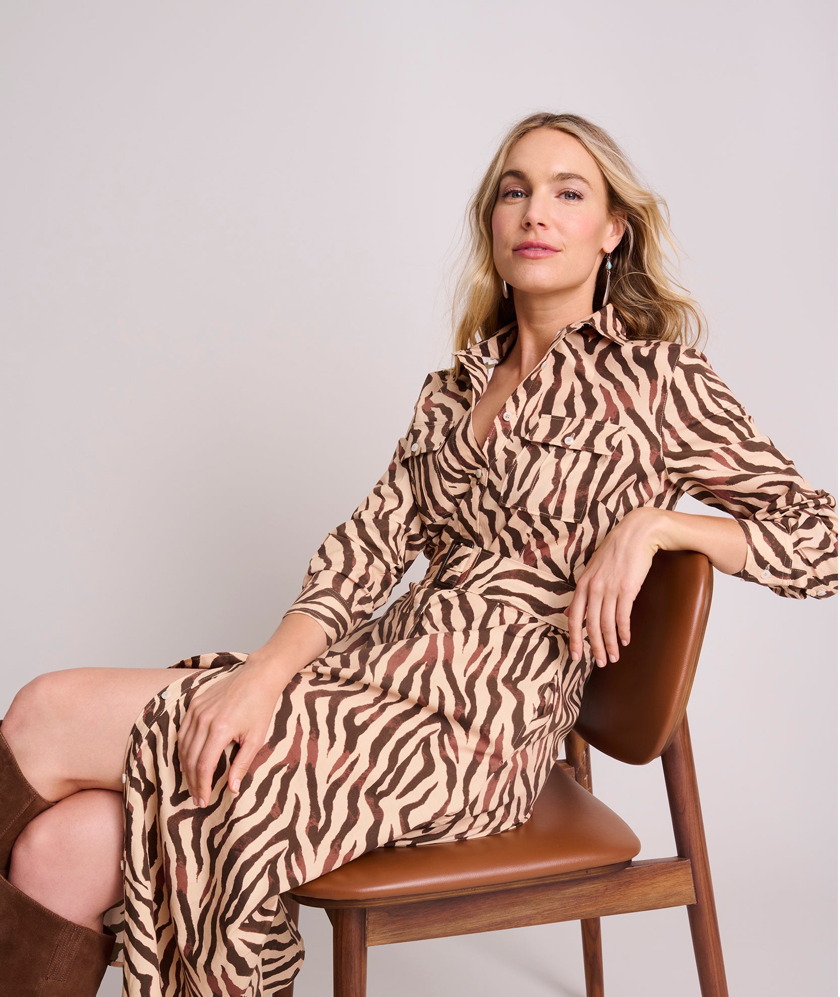 Stretch Cotton Safari Print Elise Shirt Dress for Women - Comfortable Casual & Travel Outfit - Perfect for Safari Adventures, Beach Vacations, and Everyday Wear