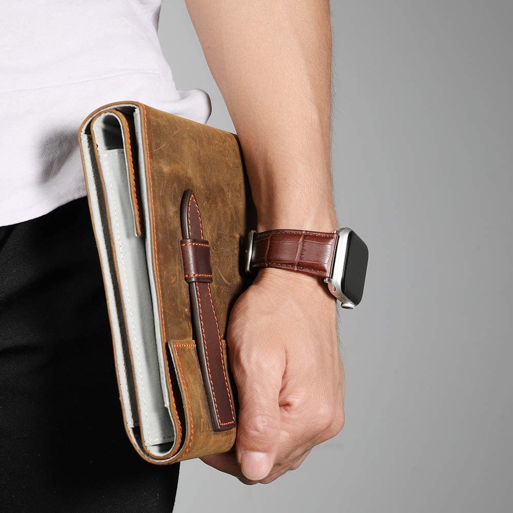 Premium Alligator Leather Apple Watch Band - Compatible with 49mm 46mm 45mm 44mm 42mm 41mm 40mm 38mm iWatch Series 10/9/8/7/6/5/4/3 Ultra 2 SE - Stylish Unisex Replacement Strap for Workout, Office & Everyday Wear