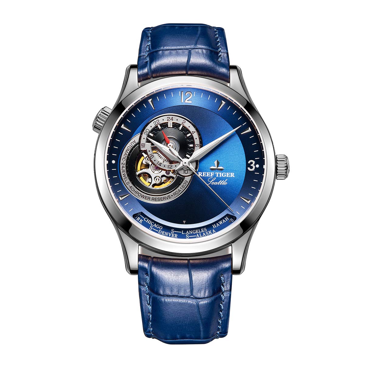 Reef Tiger Men's Automatic Watch with Genuine Leather Strap - Blue Dial Casual Dress Watch RGA1693 | Perfect for Business, Office & Everyday Wear