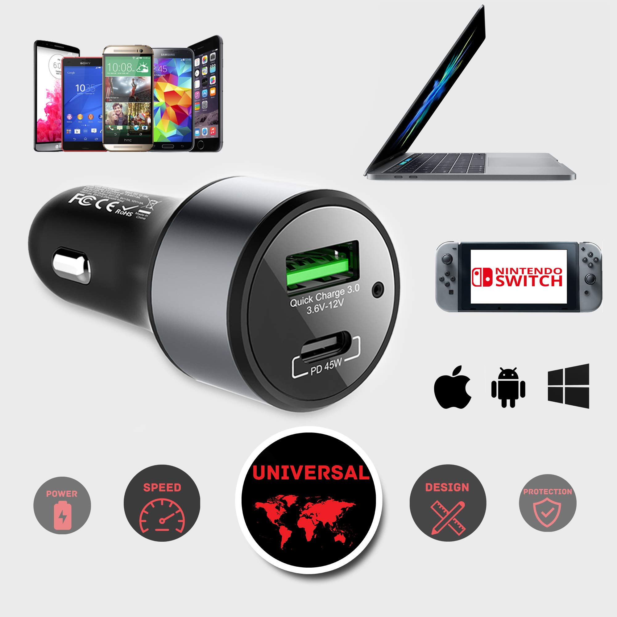 LinkOn 63W Fast Car Charger with 45W USB-C PD3.0 PPS & 18W USB-A QC3.0 - Compatible with MacBook Air, iPhone 15/14/13, Samsung Galaxy S23/S22 - Dual Port Car Adapter for Road Trips & Commuting
