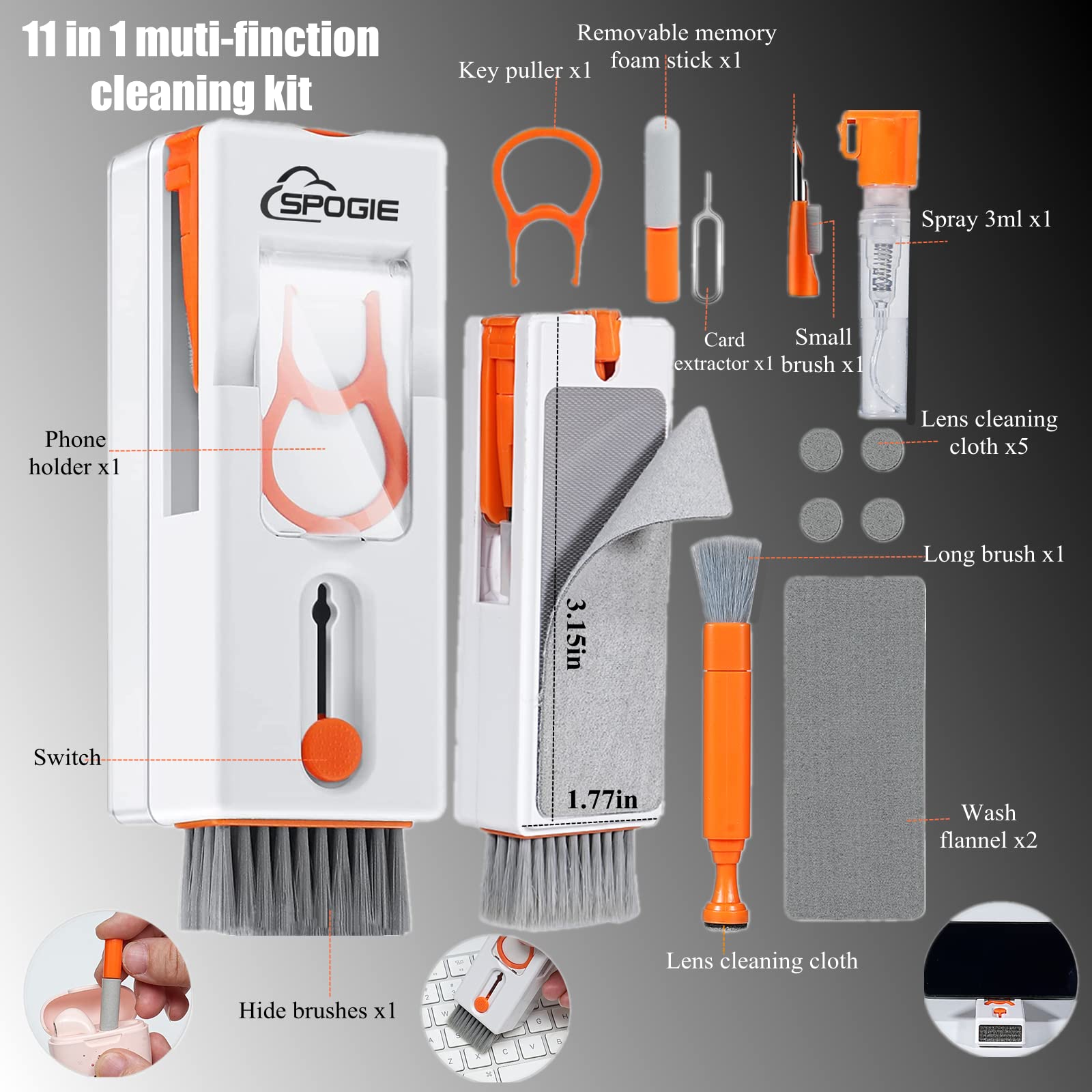 11-in-1 Keyboard Cleaning Kit - Professional Laptop & Electronics Cleaner Set for Keyboard, Cell Phone, Earbuds, Camera Lens & Computer Accessories | Includes Multifunctional Tools & Soft Brush (Orange) | Perfect for Home, Office & Travel Use