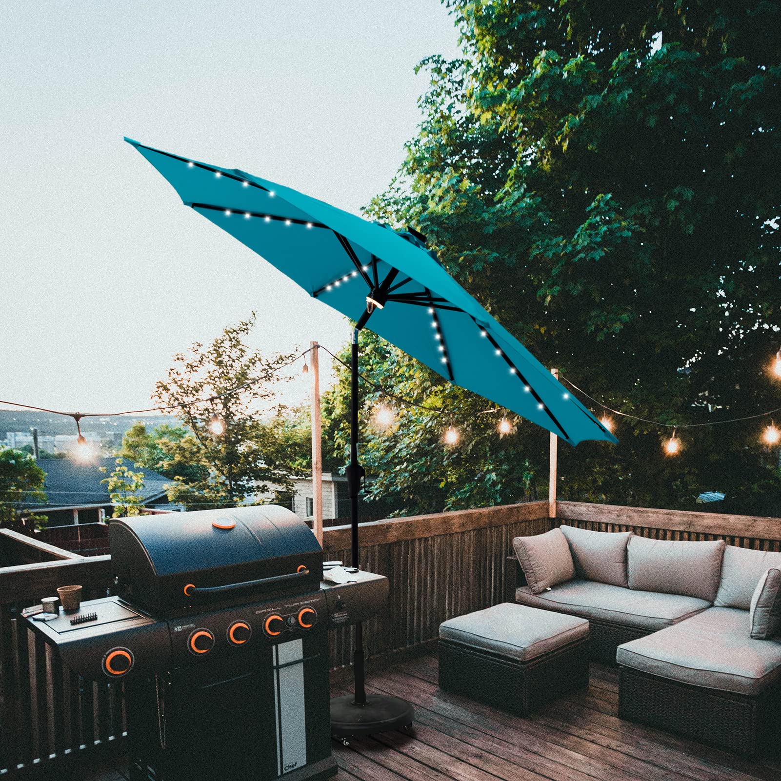 C-Hopetree 11 ft Solar LED Patio Umbrella with Tilt Function - Outdoor Market Table Umbrella for Garden, Poolside, and Restaurant Use