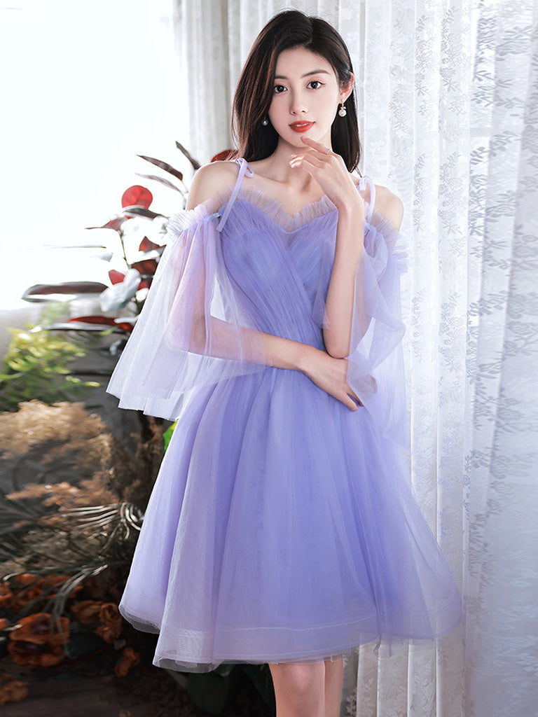 Elegant A-Line Purple V-Neck Tulle Short Prom Dress for Homecoming, Party, and Special Occasions | Flattering Fit & Stunning Design