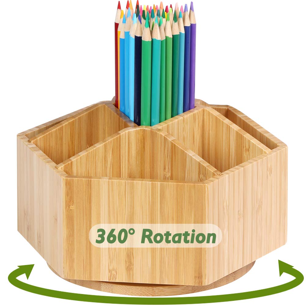 2-Pack Bamboo Rotating Art Supply Organizer with 7 Sections - Holds 350+ Pencils, Pens, Colored Pencils & Art Brushes - Desktop Storage Box for Classroom, Office & Art Studio - Perfect for Artists, Students & Teachers Organization Needs