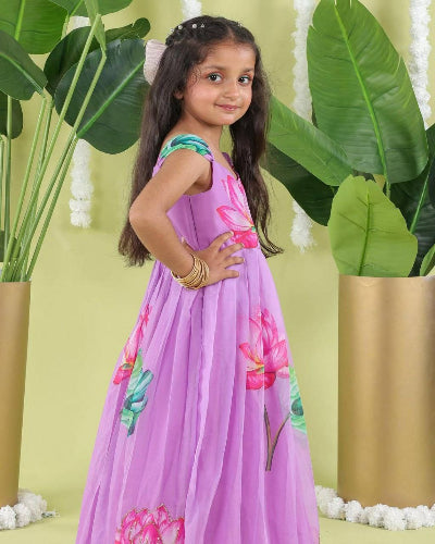 Lavender Floral Print Girls' Dress - Soft Georgette Fabric - Elegant 1-Piece Gown for Special Occasions & Parties