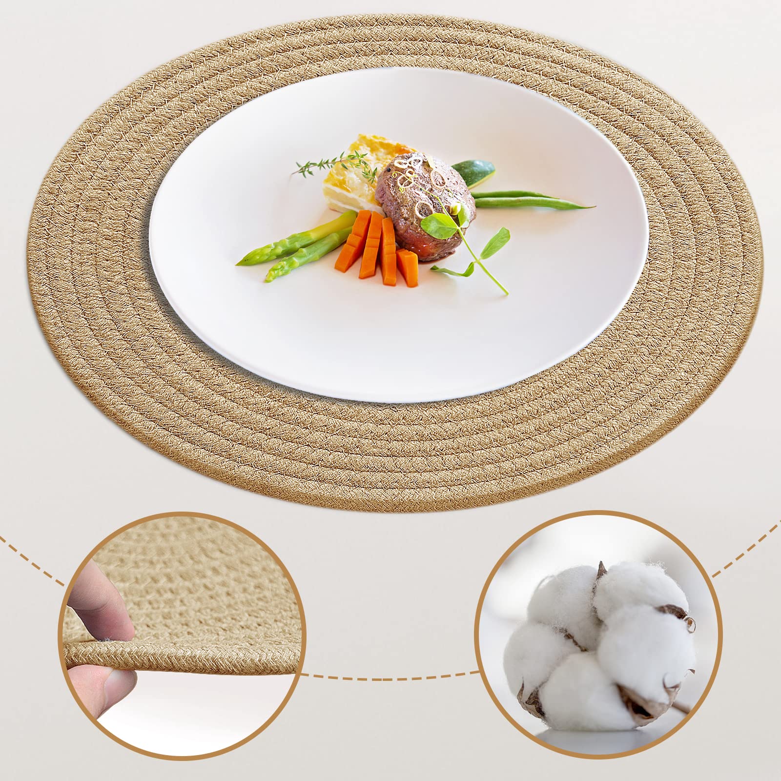 Round Cotton Placemats Set of 4 - 12 Inch Woven Washable Table Mats for Round Dining Table (Khaki) - Perfect for Casual Dining, Kitchen Decor, and Dinner Parties