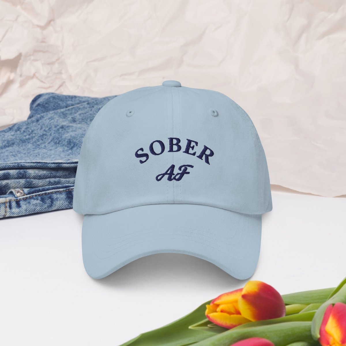 Sober AF Dad Hat - Stylish Sobriety Celebration Light-Colored Cap for AA Meetings, Recovery Milestones & Sober Living