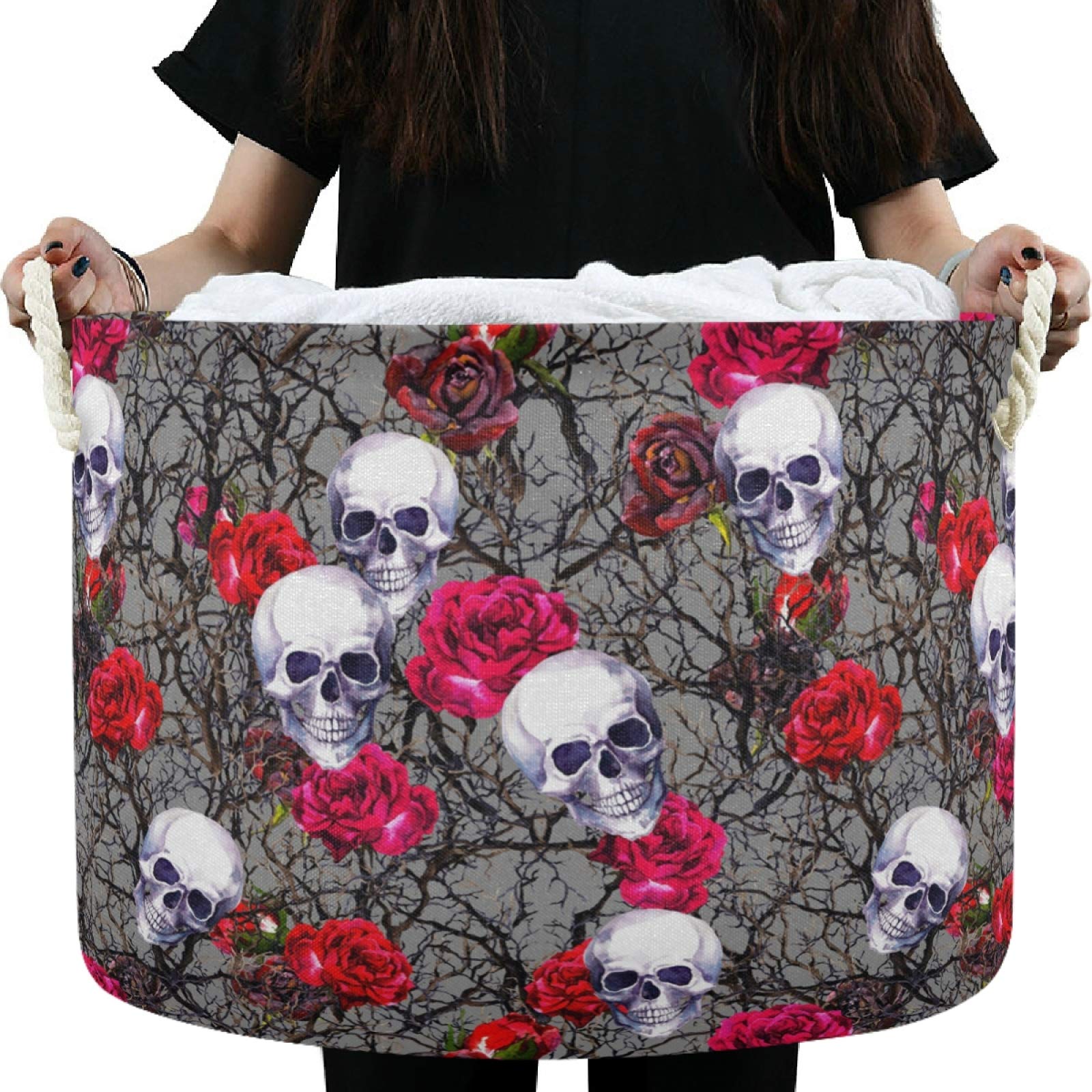 Skull Rose Flower Canvas Storage Basket - Nursery Hamper & Toy Organizer for Kids Room, Playroom, Shelves | Laundry Bin & Fabric Storage Box for Home Organization