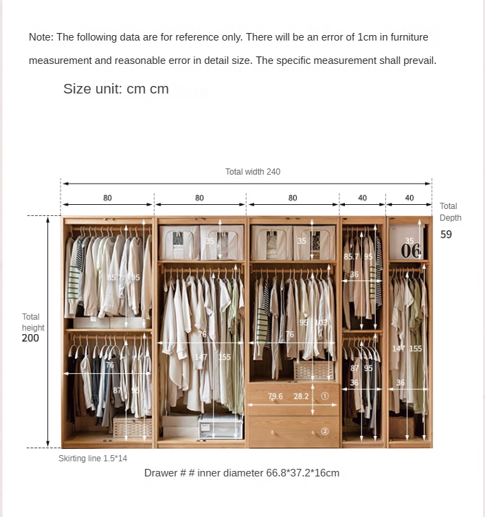 Solid Oak Wood Modern Wardrobe - Customizable Closet Organizer for Bedroom, Walk-in Closet & Home Storage