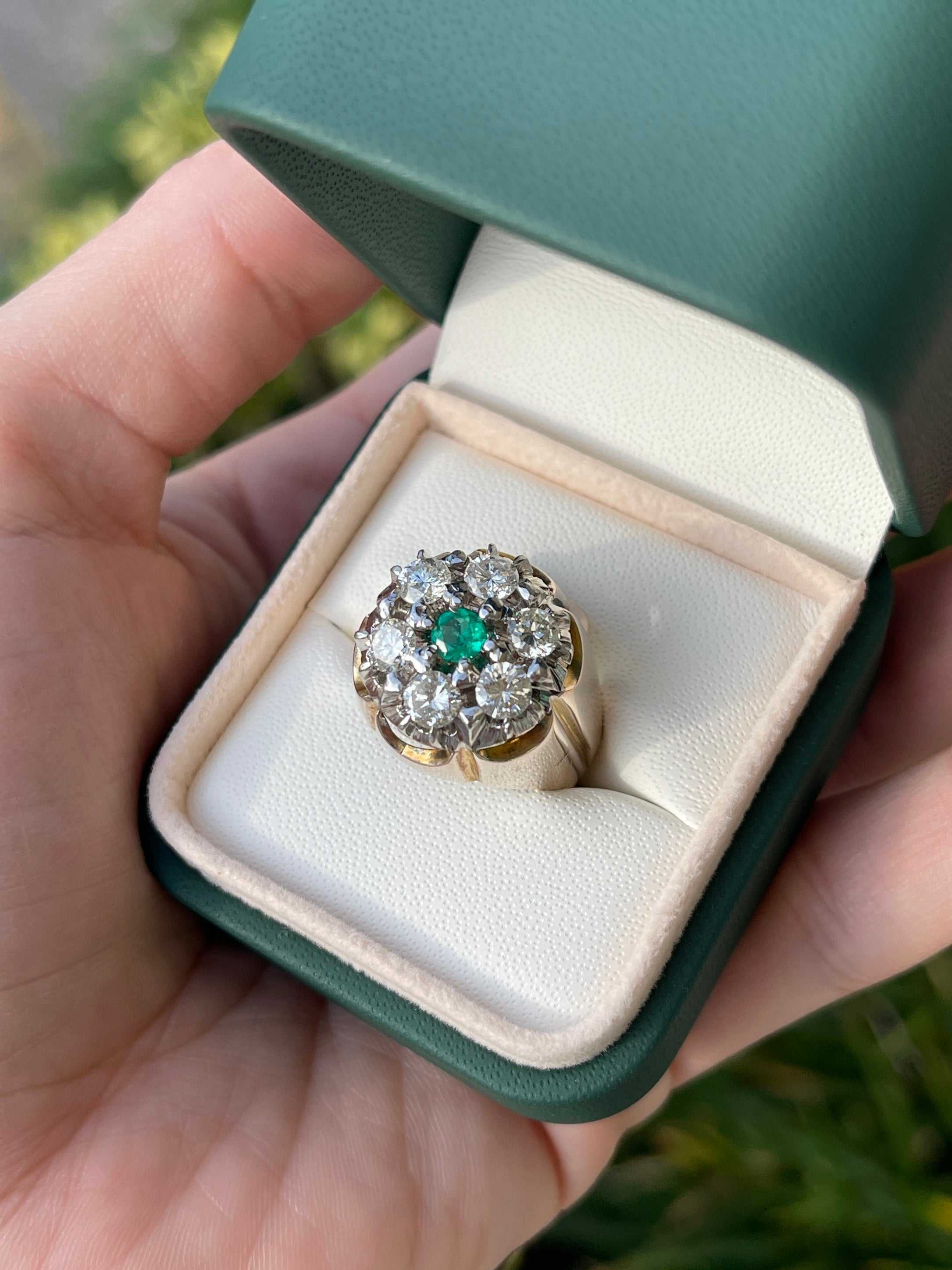2.28tcw 19.3mm Wide 14K Gold Men's Diamond & Emerald Halo Cluster Ring for Wedding, Engagement, Anniversary & Special Occasions