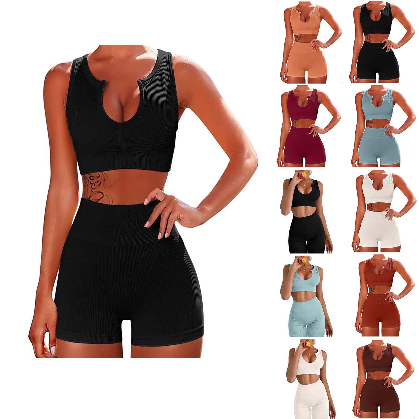 Seamless Ribbed 2-Piece Women's Workout Outfit Set - High Waist Yoga Shorts & Crop Tank Top with Sports Bra | Perfect for Yoga, Gym, Running & Summer Fitness