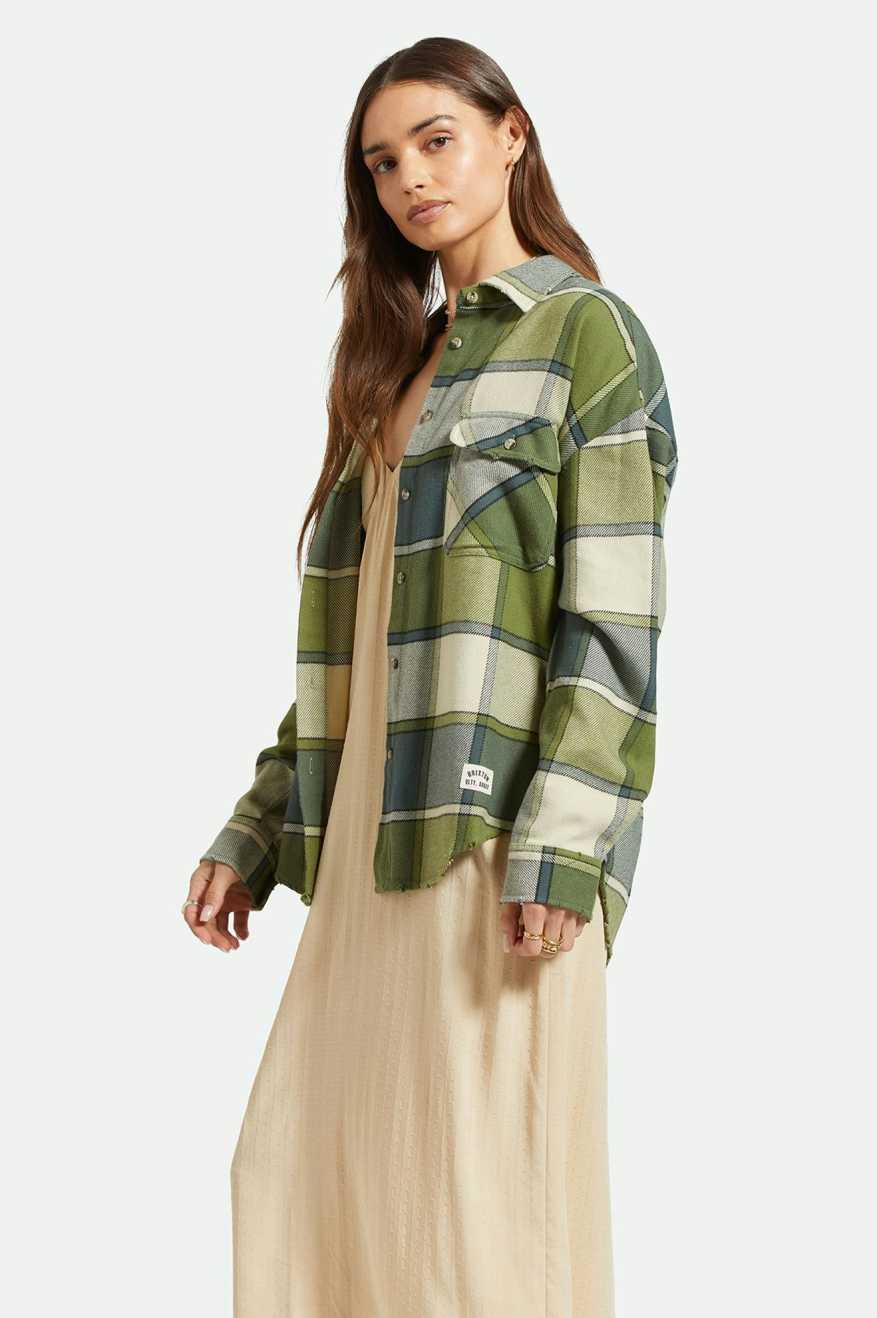 Bowery Women's Classic Long Sleeve Flannel Shirt - Blue Mirage & Dill Plaid | Cozy Casual Wear for Fall & Winter Outfits