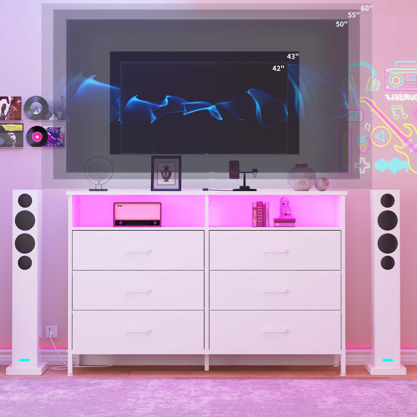 White Fabric LED Dresser with Charging Station - 6-Drawer Tall Chest for Bedroom & Living Room, Storage Organizer & TV Stand for up to 60