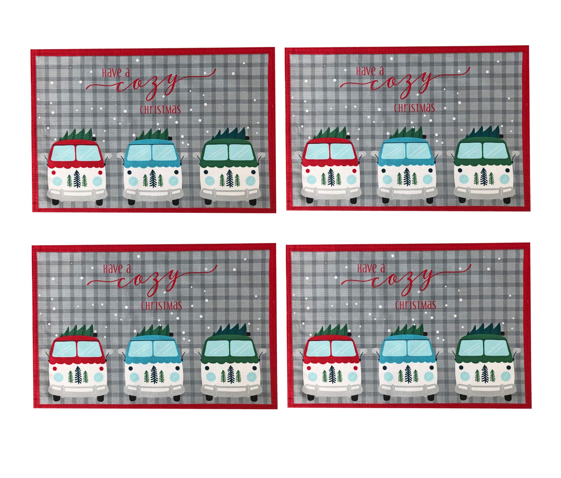 Vintage VW Beetle and Microbus Holiday Placemats Set of 4 - Christmas Truck & Camper Print Fabric Table Mats for Festive Dining Decor - Perfect for Christmas Dinner, Thanksgiving, and Retro-Themed Parties