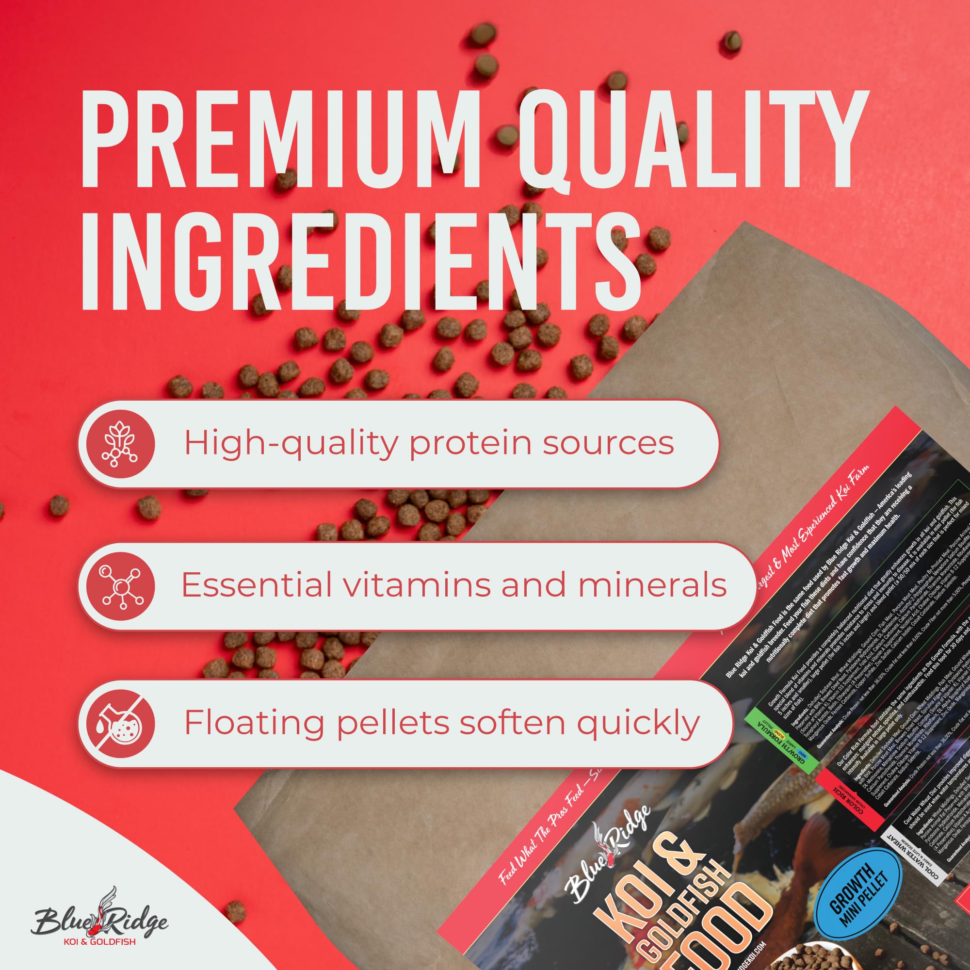 Premium Blue Ridge Koi & Goldfish Food 50lb - Mini Growth Formula Floating Pellets for All Seasons | High-Quality Pond Fish Food for Healthy Growth | Ideal for Outdoor Ponds, Water Gardens & Koi Care
