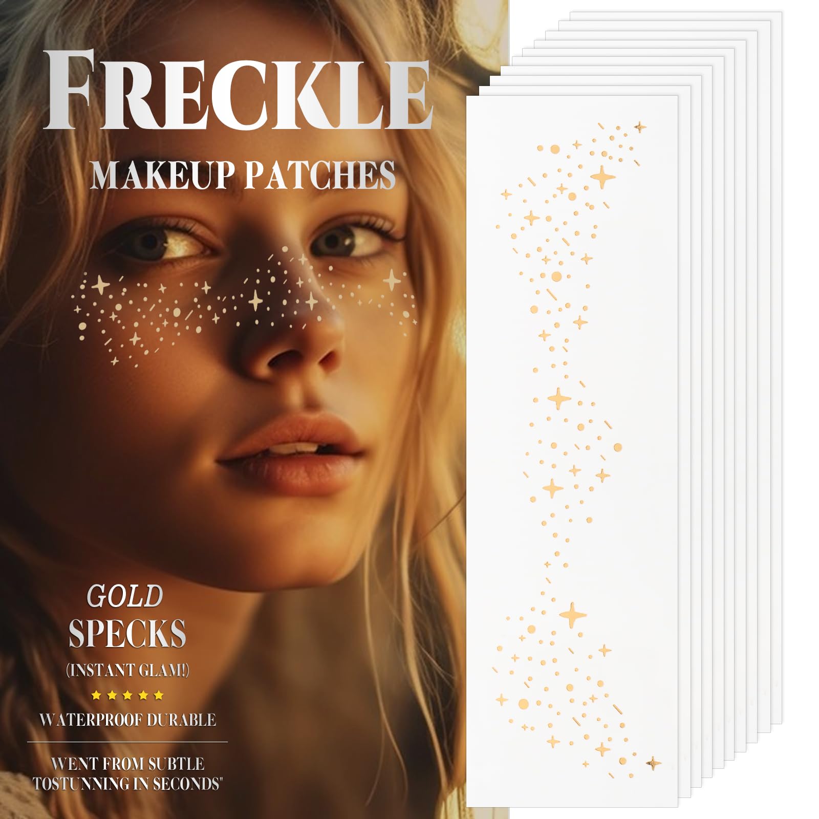 Glitter Freckles Face Tattoo - Gold Shimmer Cosmetic Stickers - Glow Up Makeup Patches for Women - Face Glitter Speckles for Party, Festival & Halloween - Reusable Self-Adhesive Beauty Accessories - 10 Sheets Pack