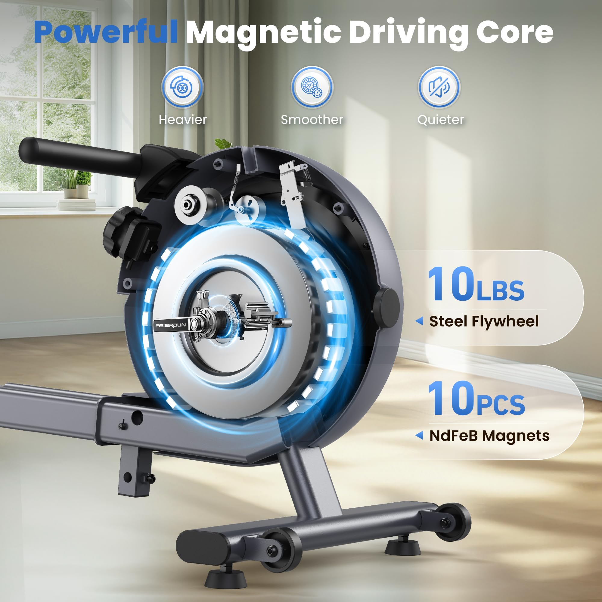 FEIERDUN Magnetic Rowing Machine for Home - 350LBS Weight Capacity, Dual Slide Rail, Bluetooth APP Connectivity - Perfect for Home Gym, Cardio Workouts & Full Body Training