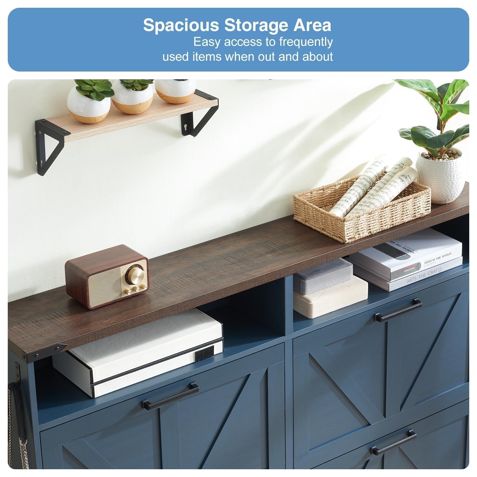 Farmhouse Shoe Storage Cabinet with 4 Flip Drawers & Barn Door Design - Freestanding Hidden Slim Narrow Shoe Rack Organizer with Open Shelves for Entryway, Foyer, Hallway - Perfect for Small Spaces & Home Organization (Blue)