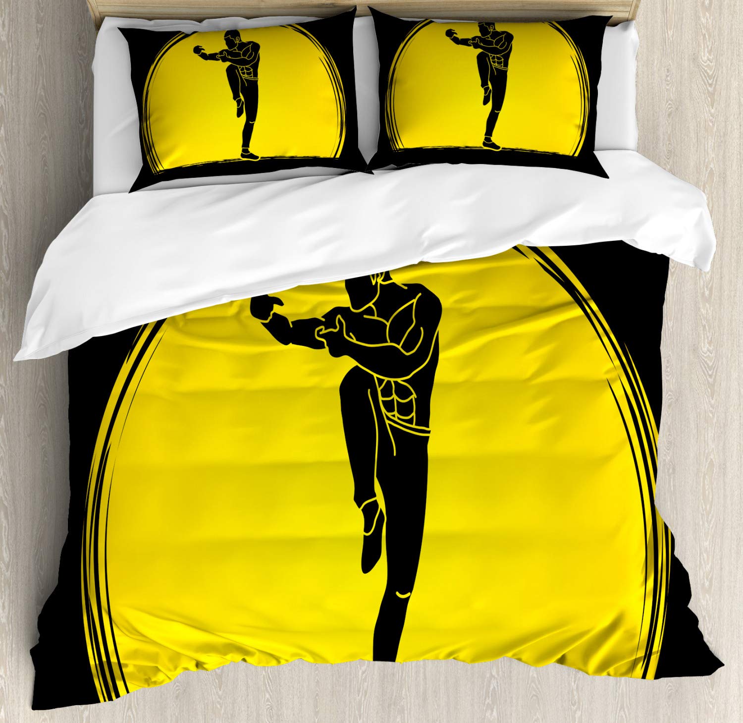 Ambesonne Kung Fu Duvet Cover Set - Eastern Martial Arts Design with Moon Silhouette | 3-Piece Queen Bedding Set (Duvet Cover + 2 Pillow Shams) | Yellow & Charcoal Grey | Perfect for Asian-Themed Bedrooms, Martial Arts Enthusiasts, and Unique Home Decor