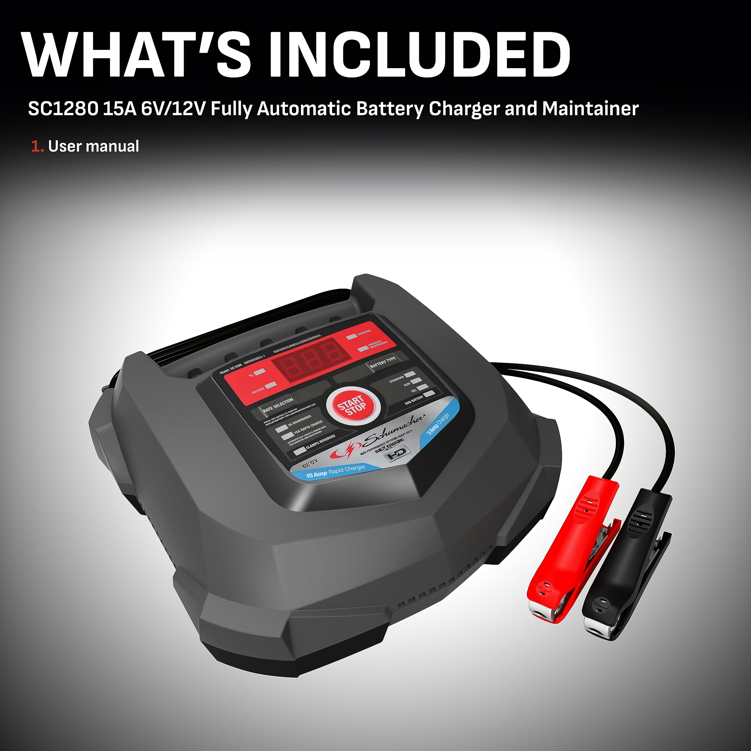Schumacher SC1280 15A 6V/12V Fully Automatic Battery Charger & Maintainer for Cars, Trucks, SUVs & Marine Batteries - Fast Charging, Maintenance Mode, All-Season Protection - Perfect for Garage, Road Trips & Winter Storage