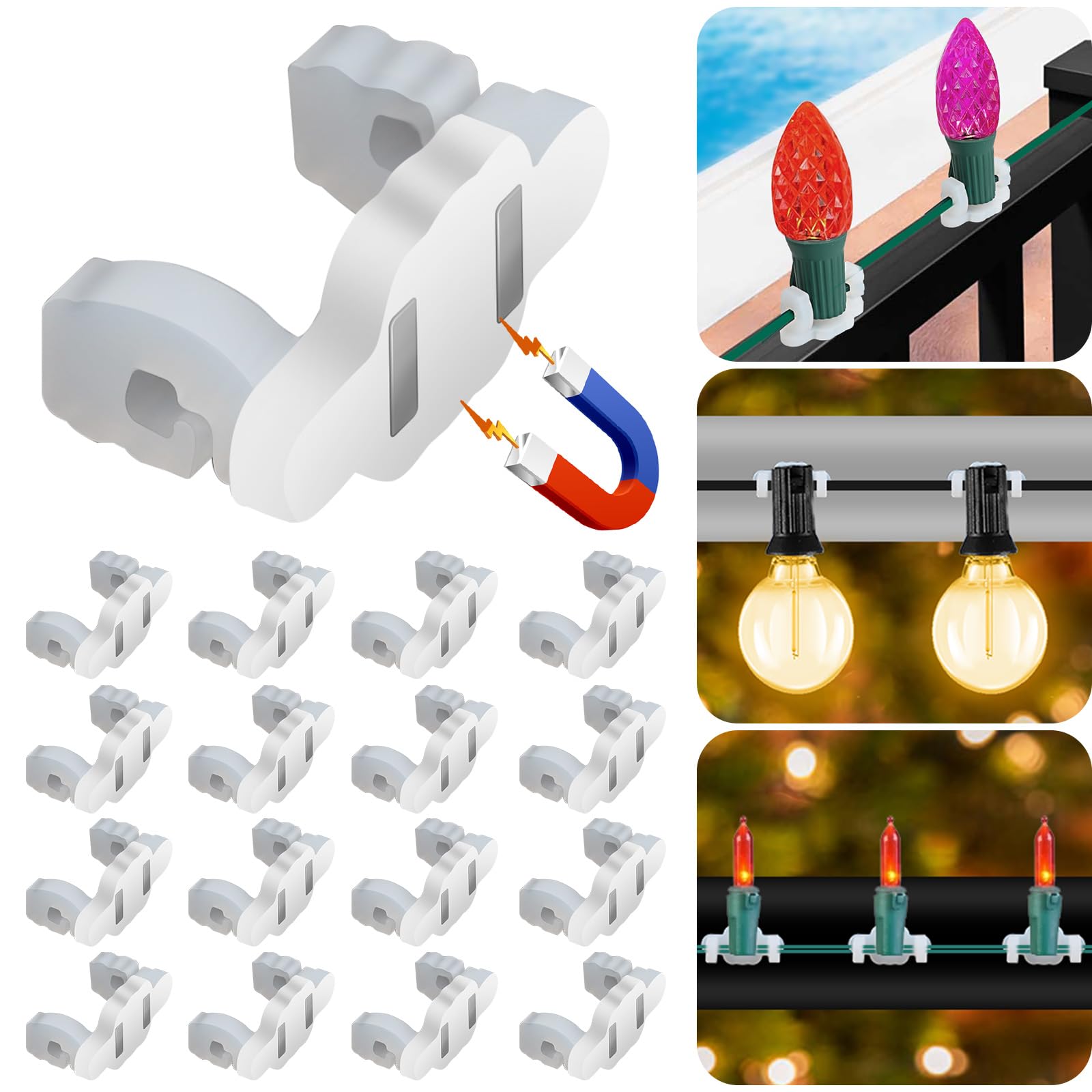 105 Pack Strong Magnetic Christmas Light Clips for Metal Roof - C6/C7/C9 Socket Outdoor Holiday Lights Holder - Universal Xmas Decorations for Icicle Rope Lights (Perfect for Roof, Gutters, Railings & Outdoor Holiday Displays)
